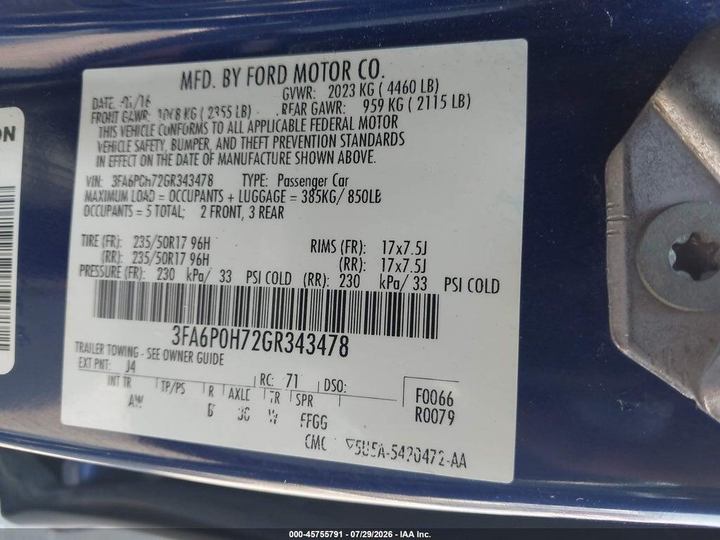 3FA6P0H72GR343478 2016 FORD FUSION photo no. 9