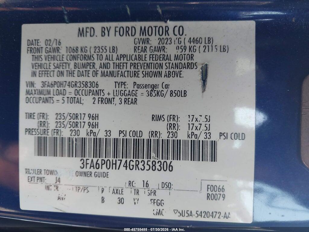 3FA6P0H74GR358306 2016 FORD FUSION photo no. 9