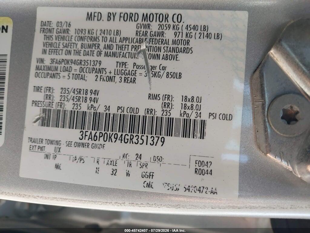 3FA6P0K94GR351379 2016 FORD FUSION photo no. 9