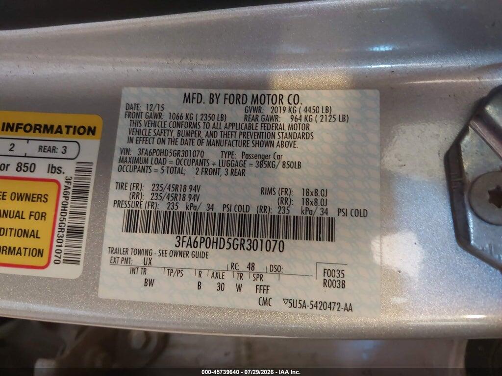 3FA6P0HD5GR301070 2016 FORD FUSION photo no. 9