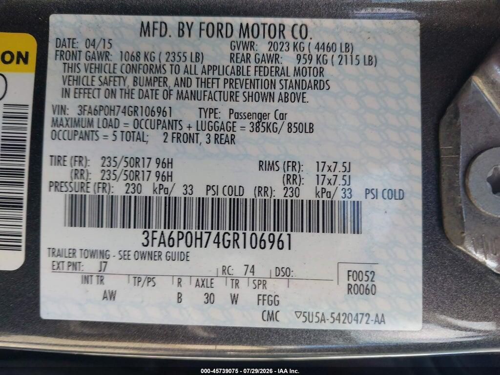 3FA6P0H74GR106961 2016 FORD FUSION photo no. 9