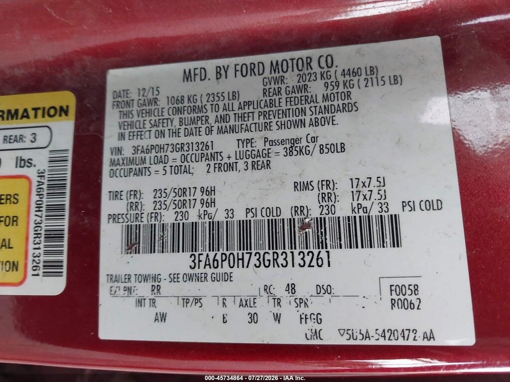 3FA6P0H73GR313261 2016 FORD FUSION photo no. 9