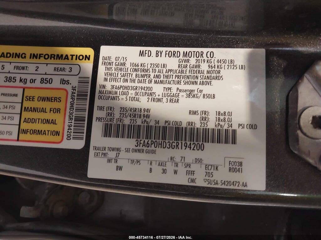 3FA6P0HD3GR194200 2016 FORD FUSION photo no. 9
