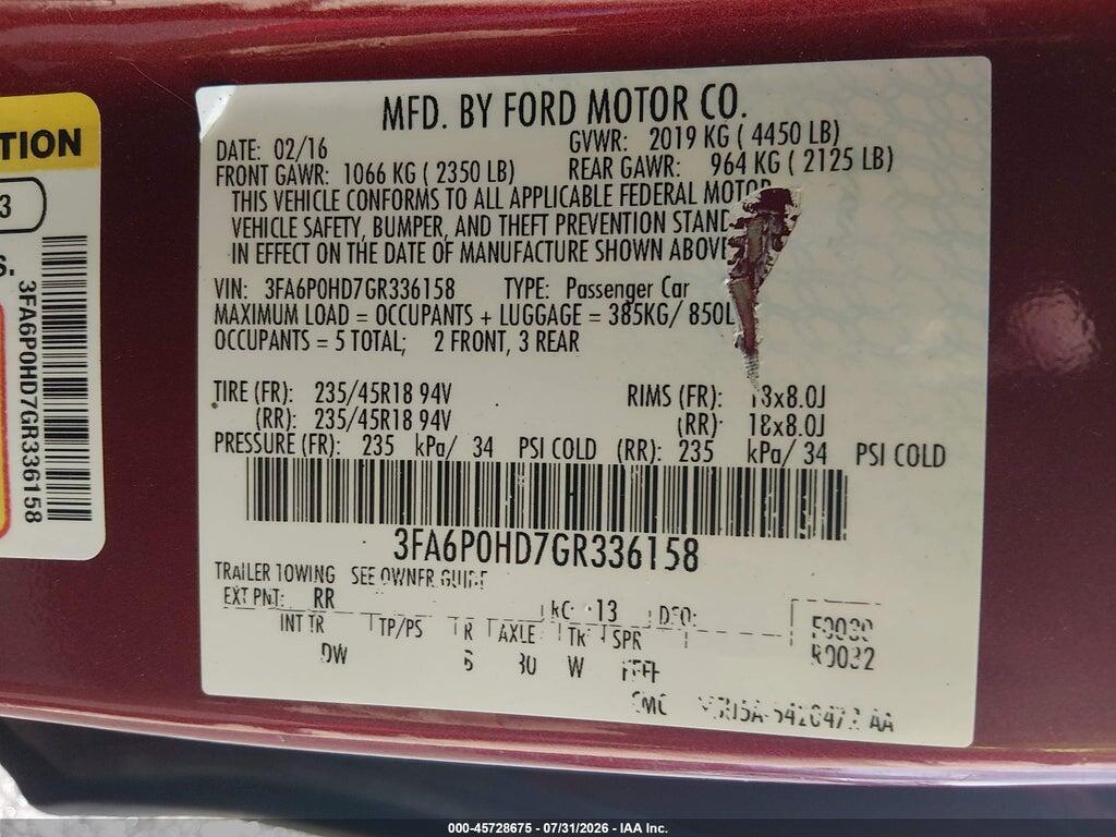 3FA6P0HD7GR336158 2016 FORD FUSION photo no. 9