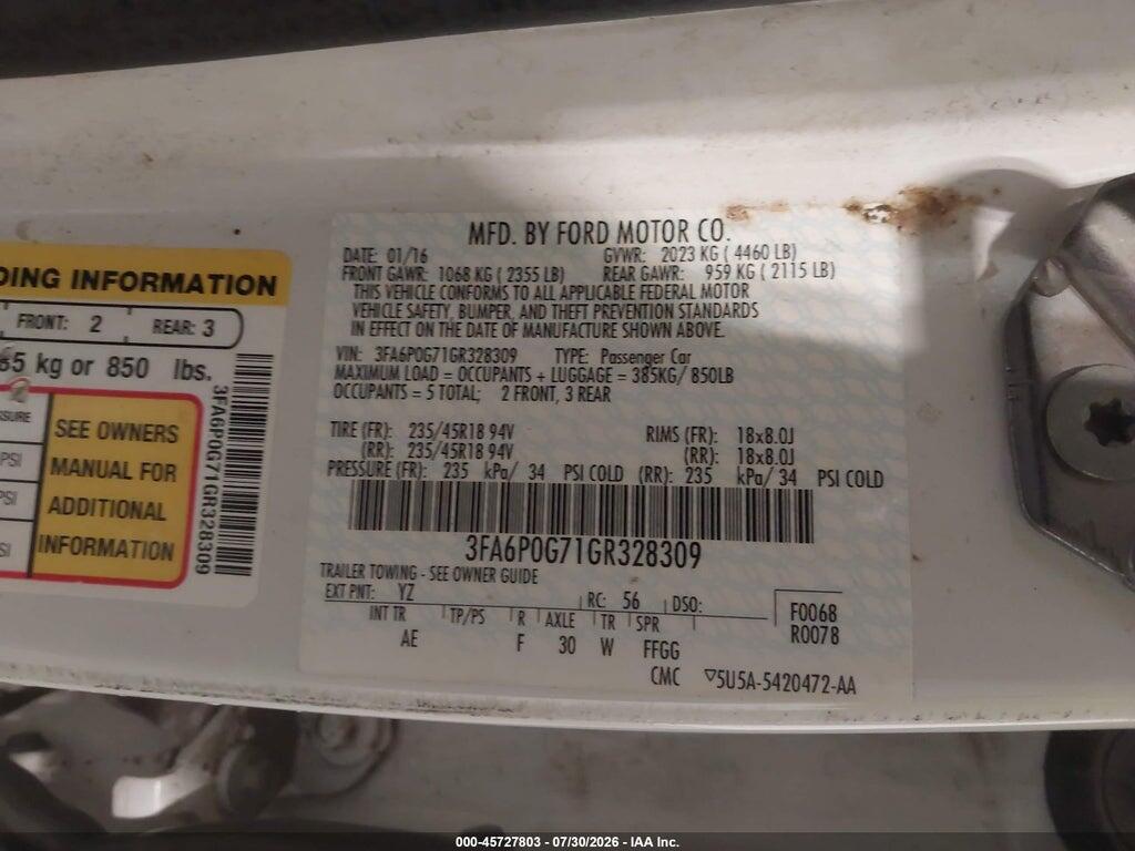 3FA6P0G71GR328309 2016 FORD FUSION photo no. 9