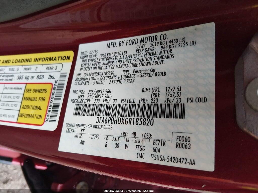3FA6P0HDXGR185820 2016 FORD FUSION photo no. 9