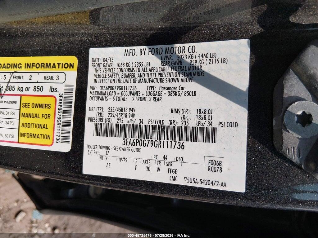 3FA6P0G79GR111736 2016 FORD FUSION photo no. 9