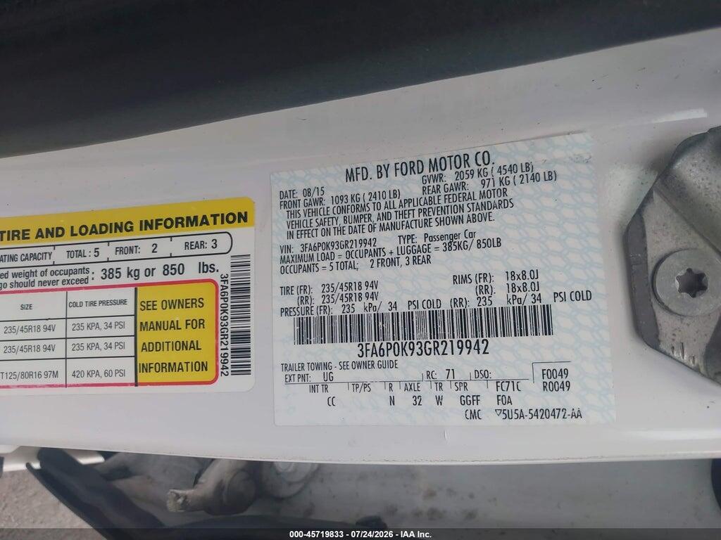 3FA6P0K93GR219942 2016 FORD FUSION photo no. 9