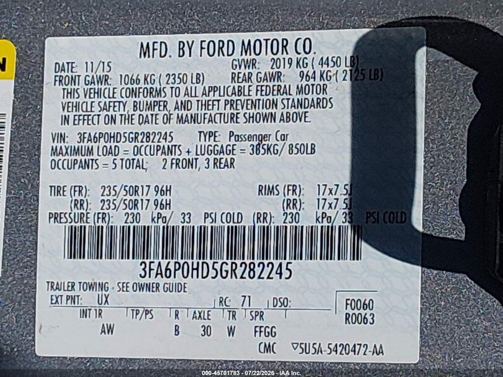 3FA6P0HD5GR282245 2016 FORD FUSION photo no. 9