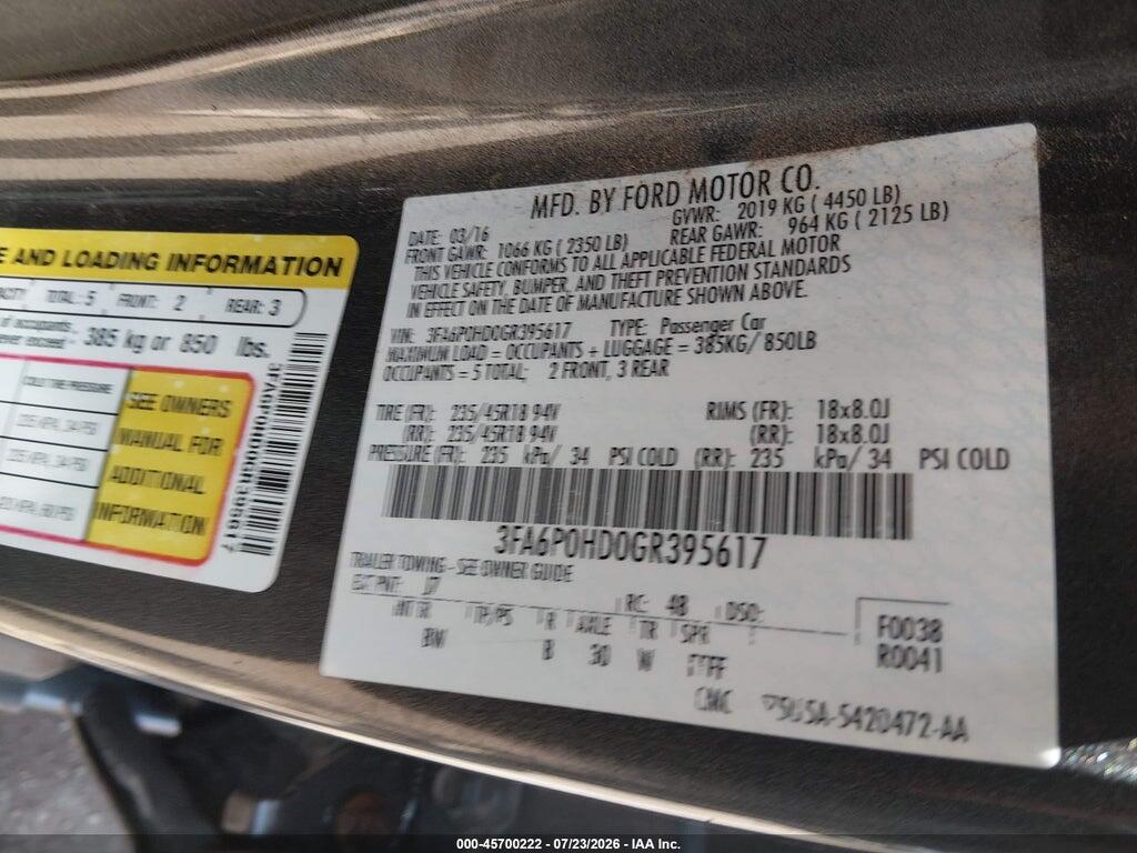 3FA6P0HD0GR395617 2016 FORD FUSION photo no. 9