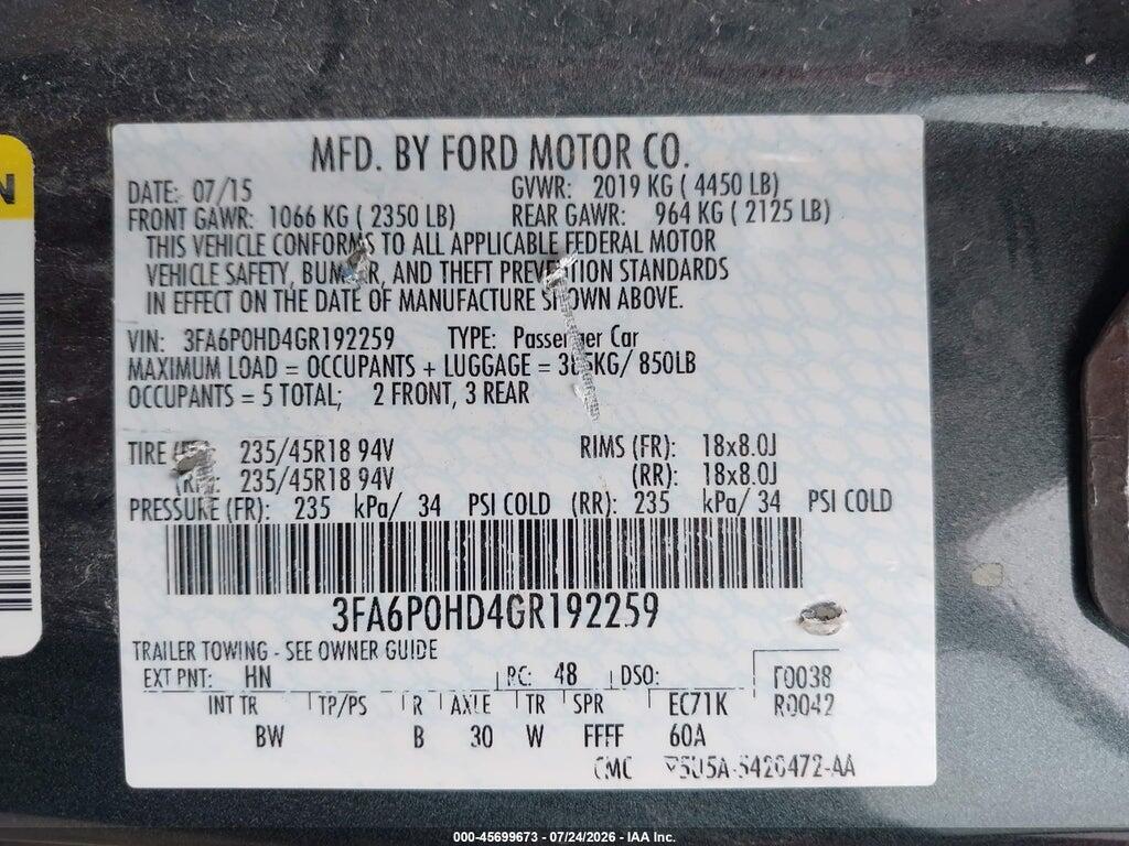 3FA6P0HD4GR192259 2016 FORD FUSION photo no. 9