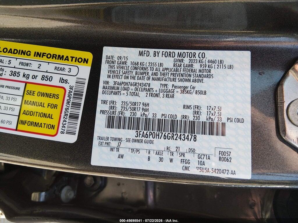 3FA6P0H76GR243478 2016 FORD FUSION photo no. 9