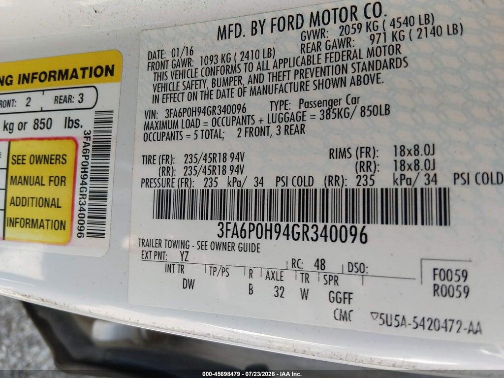 3FA6P0H94GR340096 2016 FORD FUSION photo no. 9