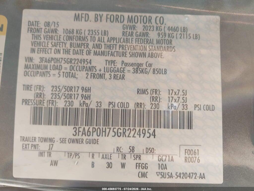 3FA6P0H75GR224954 2016 FORD FUSION photo no. 9
