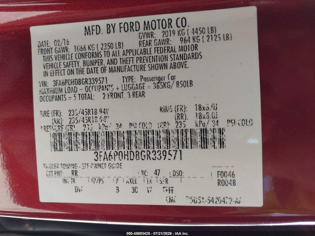 3FA6P0HD8GR339571 2016 FORD FUSION photo no. 9