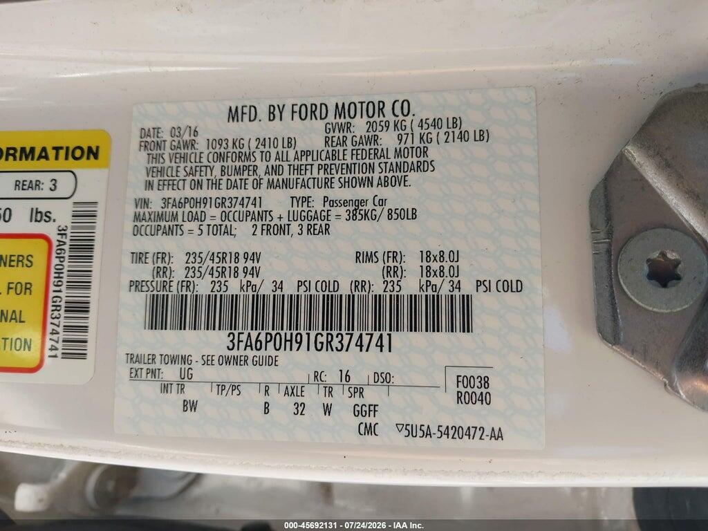 3FA6P0H91GR374741 2016 FORD FUSION photo no. 9