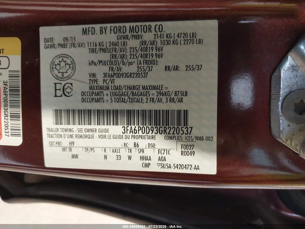 3FA6P0D93GR220537 2016 FORD FUSION photo no. 9