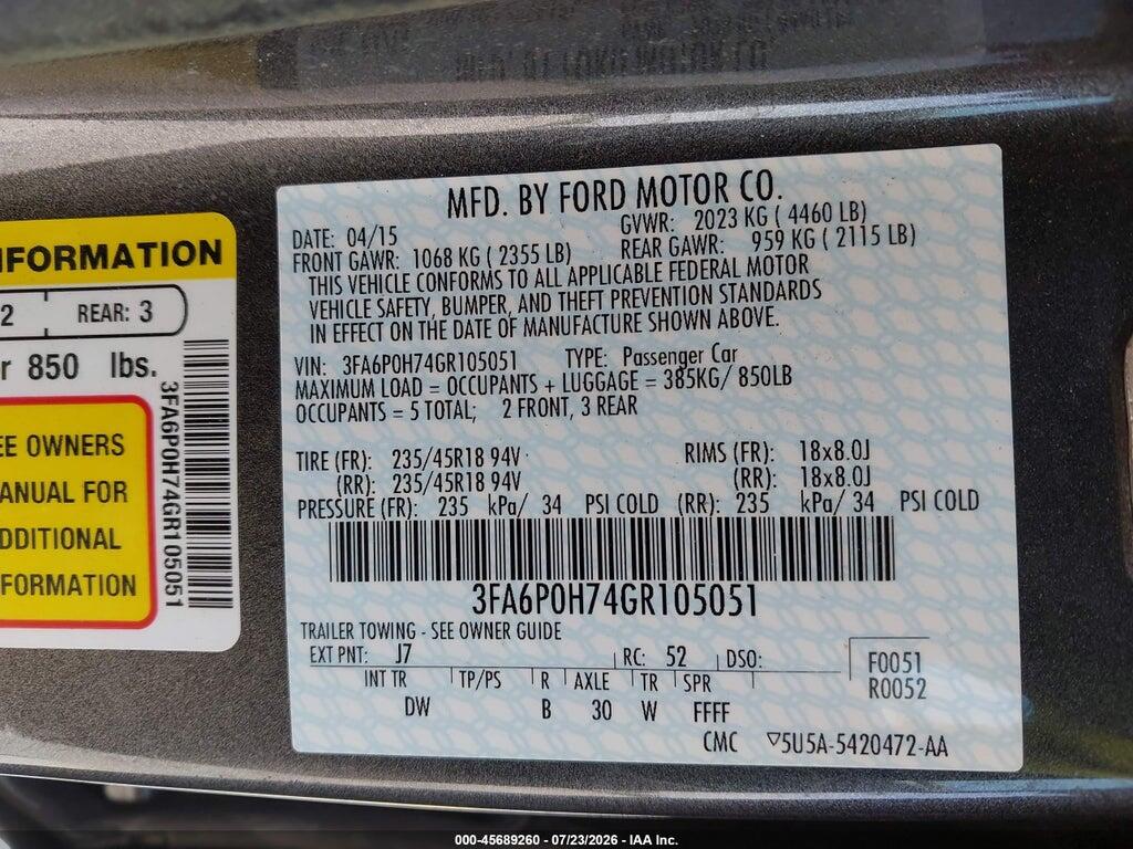 3FA6P0H74GR105051 2016 FORD FUSION photo no. 9