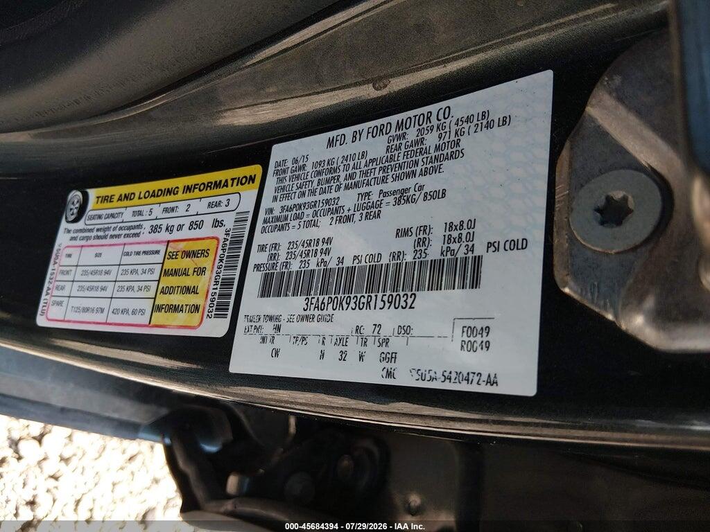 3FA6P0K93GR159032 2016 FORD FUSION photo no. 9