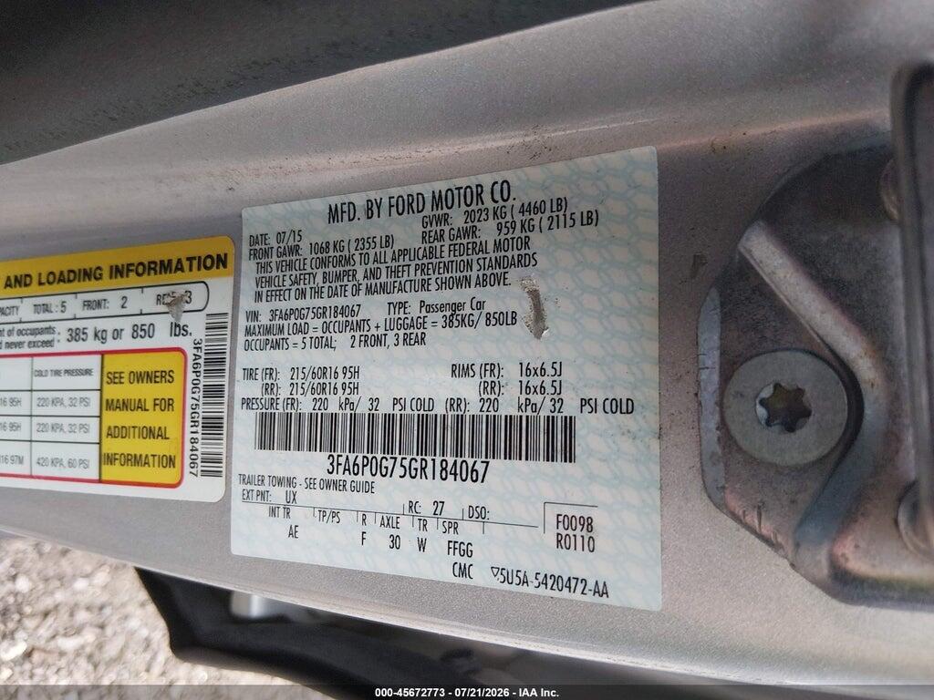 3FA6P0G75GR184067 2016 FORD FUSION photo no. 9
