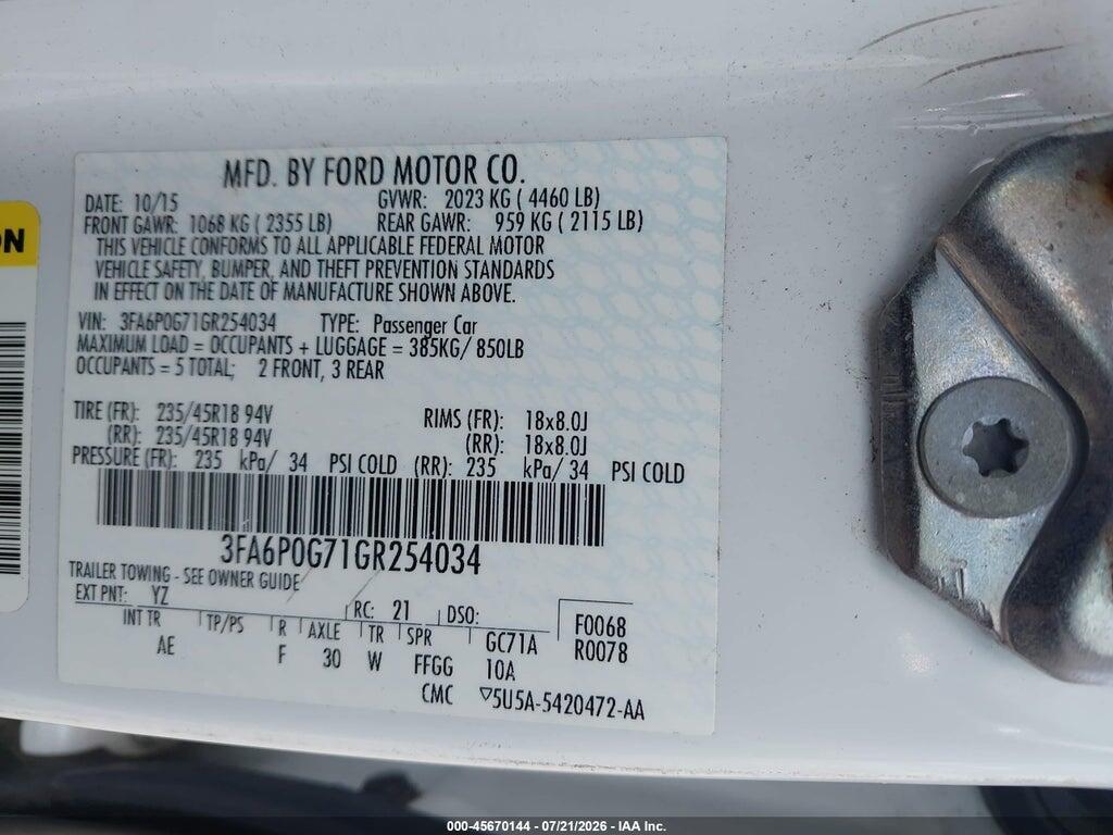 3FA6P0G71GR254034 2016 FORD FUSION photo no. 9