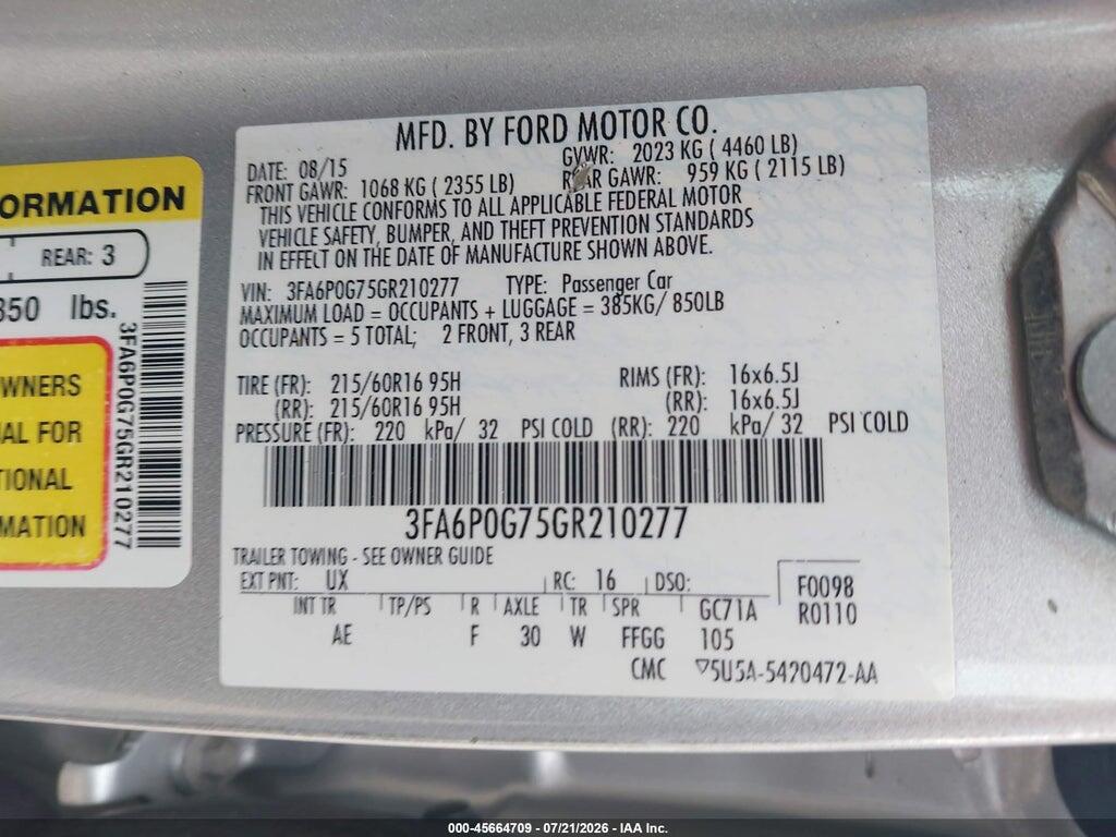 3FA6P0G75GR210277 2016 FORD FUSION photo no. 9