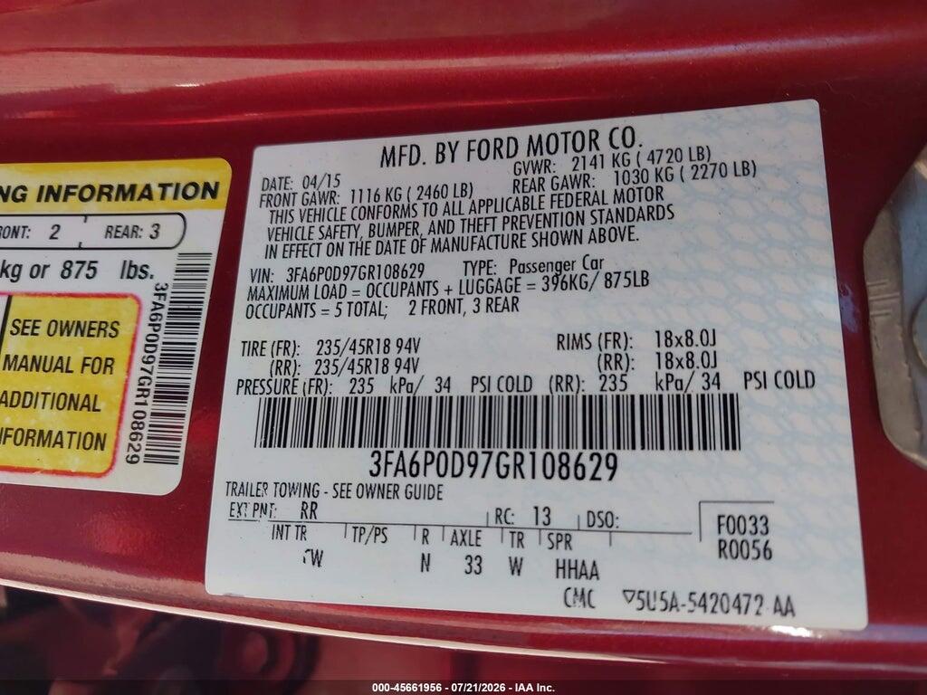 3FA6P0D97GR108629 2016 FORD FUSION photo no. 9