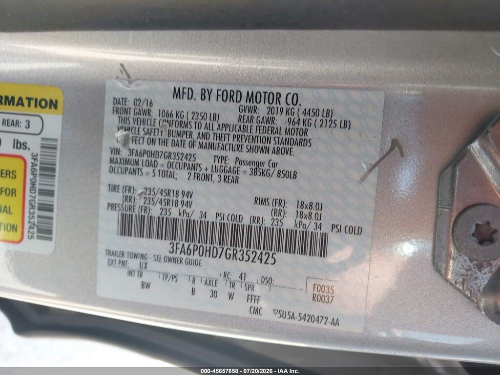 3FA6P0HD7GR352425 2016 FORD FUSION photo no. 9