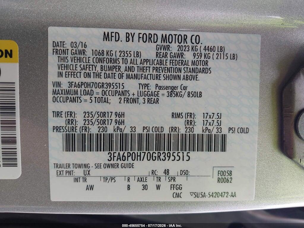 3FA6P0H70GR395515 2016 FORD FUSION photo no. 9