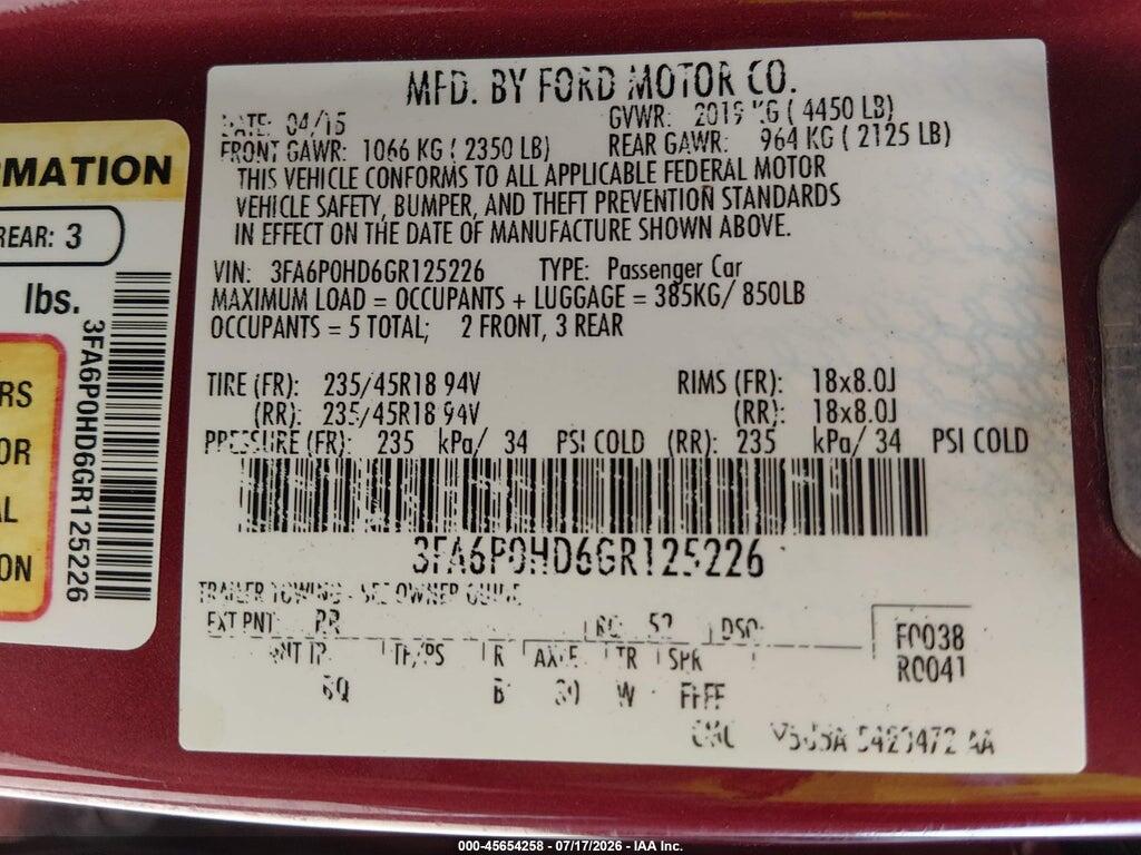3FA6P0HD6GR125226 2016 FORD FUSION photo no. 9
