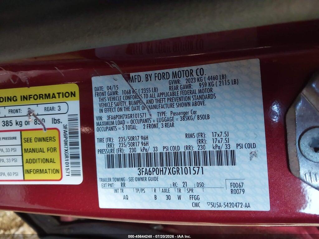 3FA6P0H7XGR101571 2016 FORD FUSION photo no. 9
