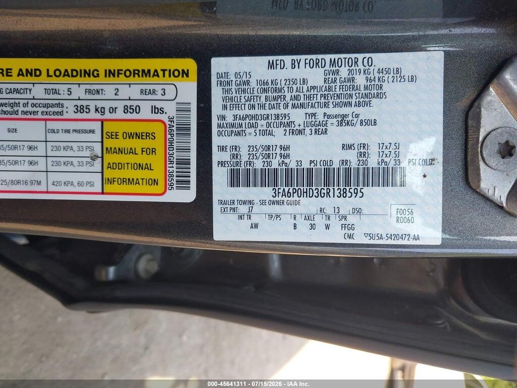 3FA6P0HD3GR138595 2016 FORD FUSION photo no. 9