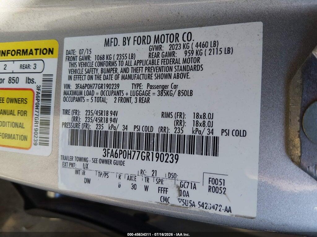 3FA6P0H77GR190239 2016 FORD FUSION photo no. 9