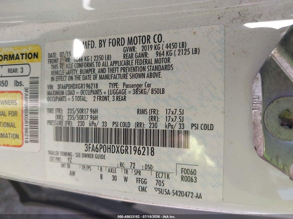 3FA6P0HDXGR196218 2016 FORD FUSION photo no. 9
