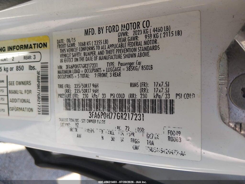 3FA6P0H77GR217231 2016 FORD FUSION photo no. 9