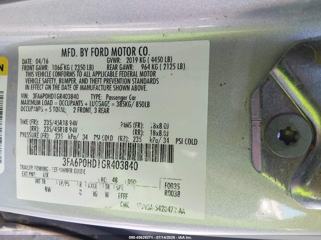 3FA6P0HD1GR403840 2016 FORD FUSION photo no. 9