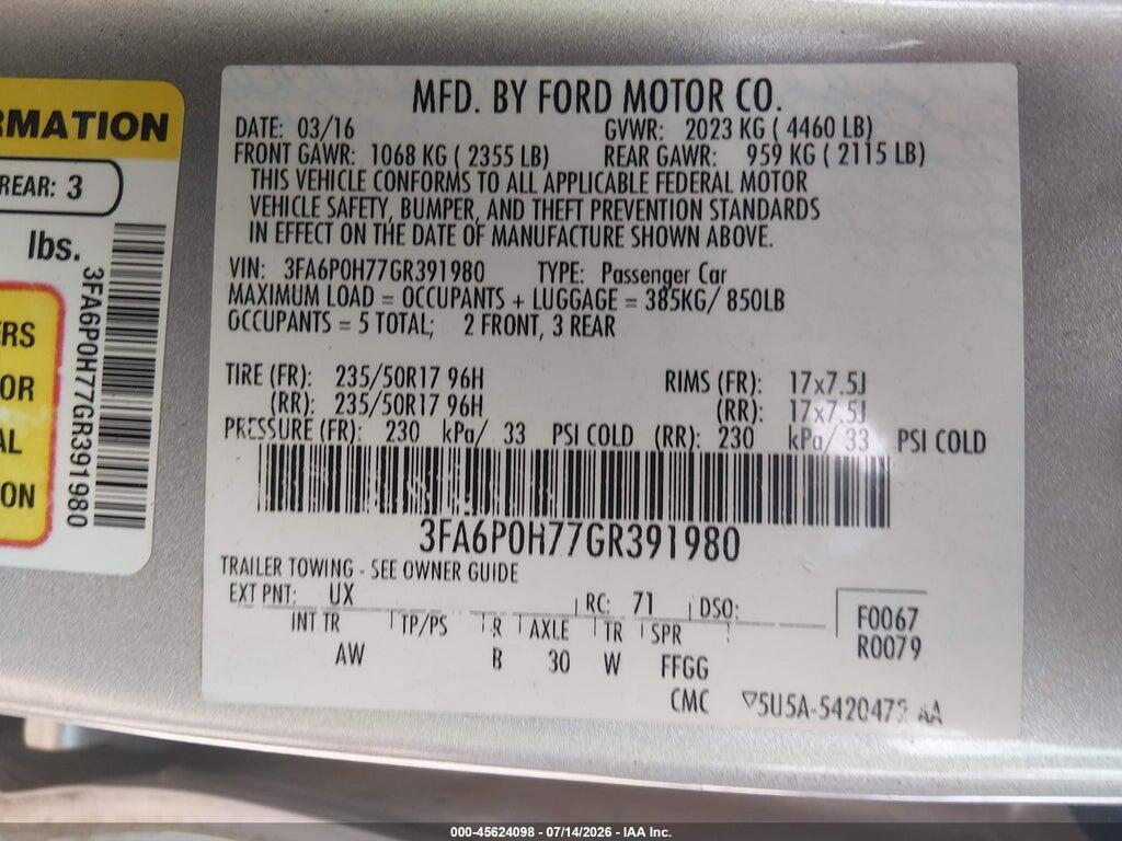 3FA6P0H77GR391980 2016 FORD FUSION photo no. 9