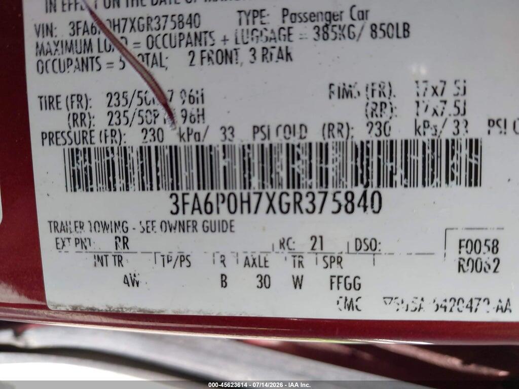 3FA6P0H7XGR375840 2016 FORD FUSION photo no. 9