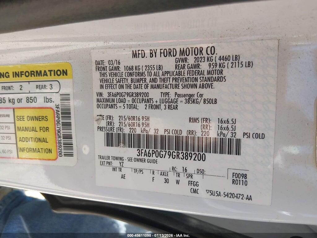 3FA6P0G79GR389200 2016 FORD FUSION photo no. 9