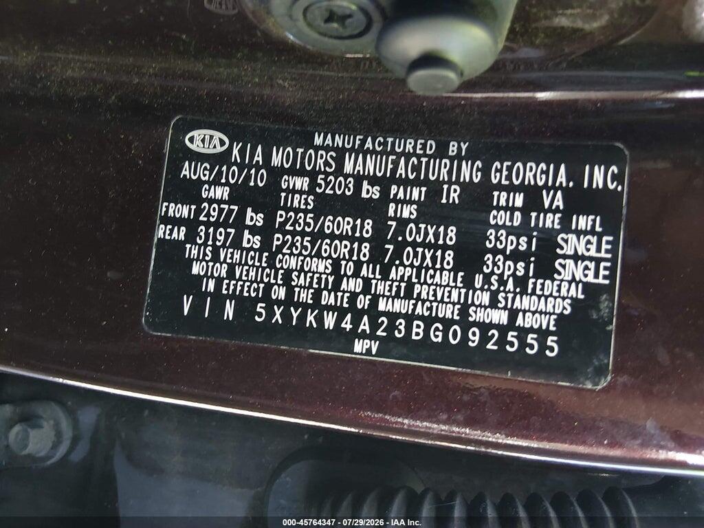 5XYKW4A23BG092555 2011 KIA SORENTO photo no. 9