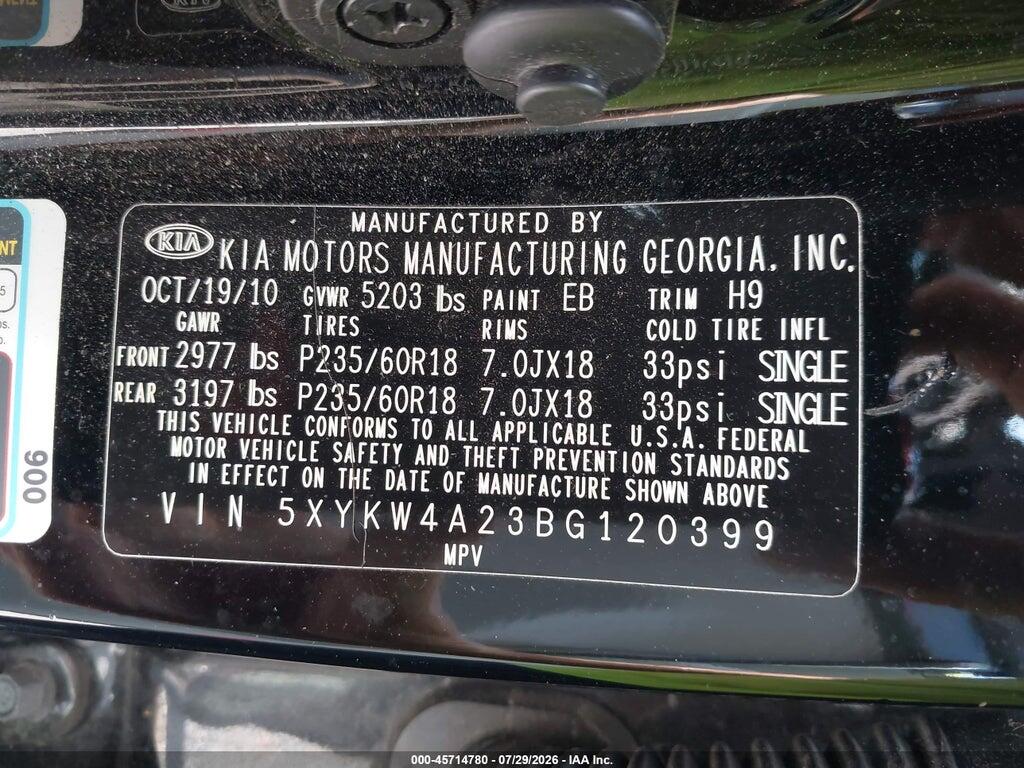 5XYKW4A23BG120399 2011 KIA SORENTO photo no. 9