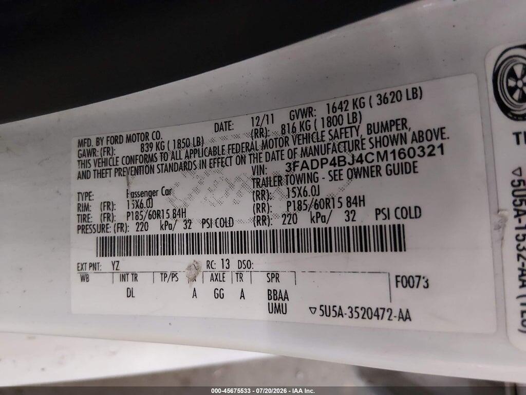 3FADP4BJ4CM160321 2012 FORD FIESTA photo no. 9