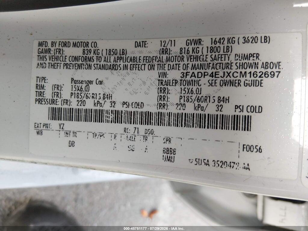 3FADP4EJXCM162697 2012 FORD FIESTA photo no. 9