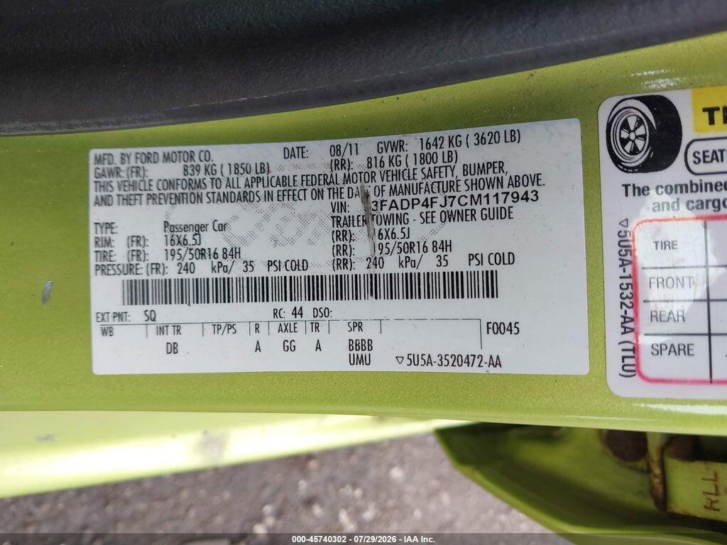 3FADP4FJ7CM117943 2012 FORD FIESTA photo no. 9