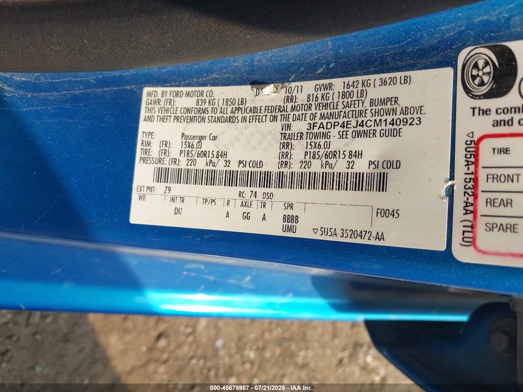 3FADP4EJ4CM140923 2012 FORD FIESTA photo no. 9
