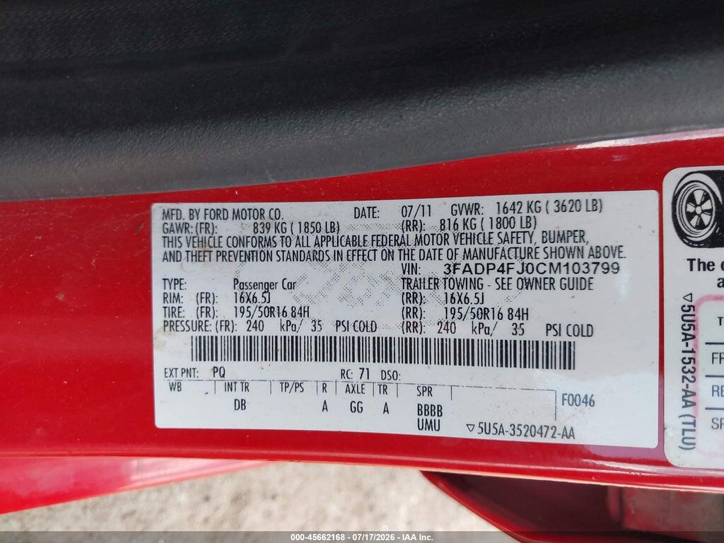 3FADP4FJ0CM103799 2012 FORD FIESTA photo no. 9