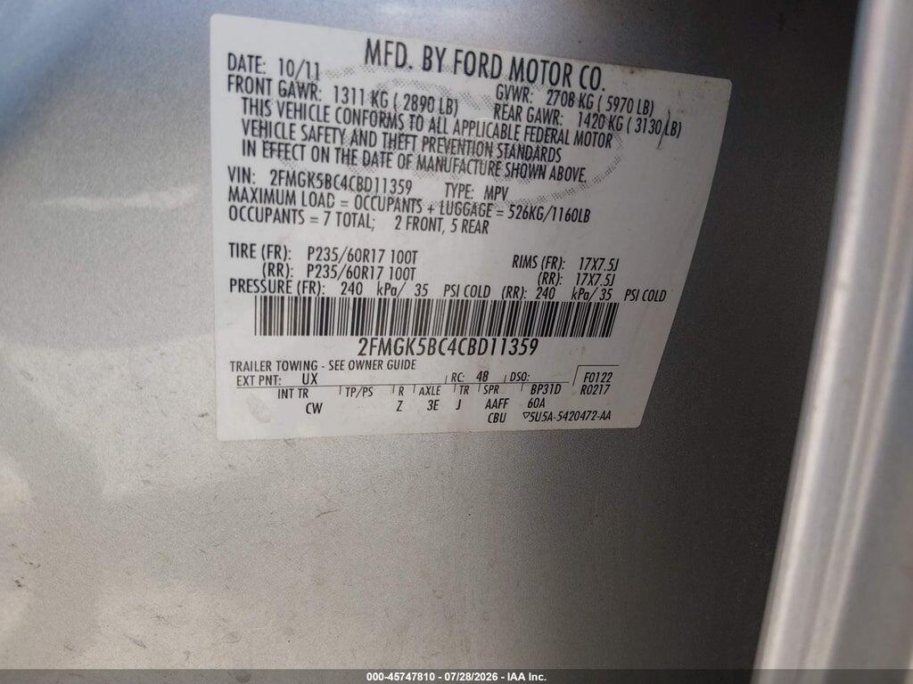 2FMGK5BC4CBD11359 2012 FORD FLEX photo no. 9