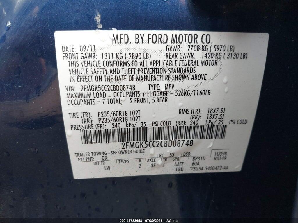 2FMGK5CC2CBD08748 2012 FORD FLEX photo no. 9