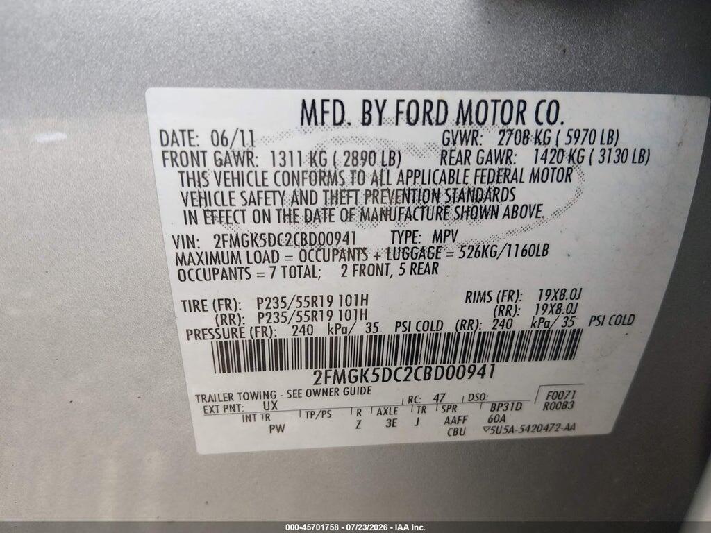 2FMGK5DC2CBD00941 2012 FORD FLEX photo no. 9