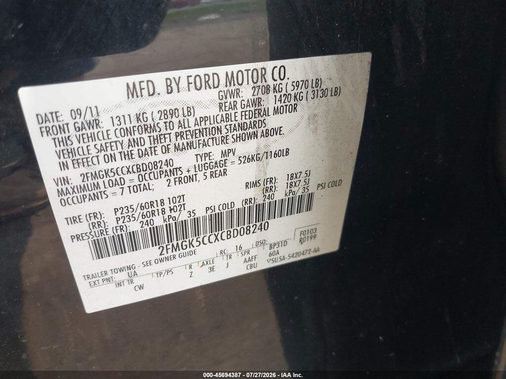 2FMGK5CCXCBD08240 2012 FORD FLEX photo no. 9